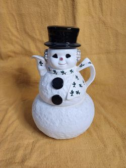 Vintage Riddell Snowman Stacking Teapot and Cookie Jar Mid Century Great Colors