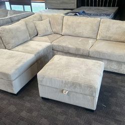 Camel corduroy sectional sofa set  with ottoman 