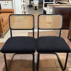 🔥Set of 2🔥Modern Cane Dining Chairs, Handwoven Rattan Cane Back, Chrome Base, Upholstered Boucle Seat, Ideal for Kitchen or Dining Room, (Black)  💰