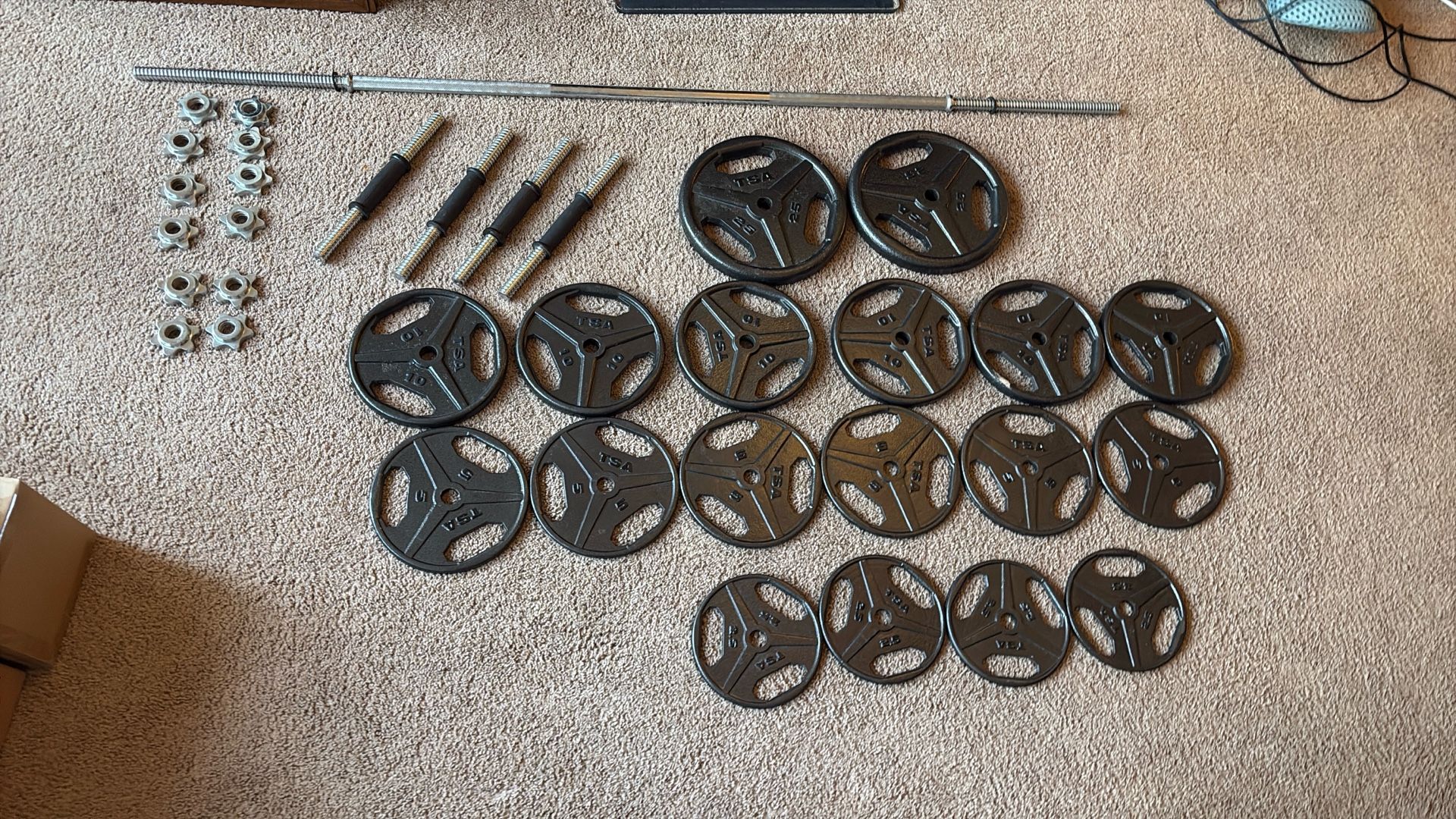 150lb weights + 12lb barbell + 4x 2.5lb dumbbell handle