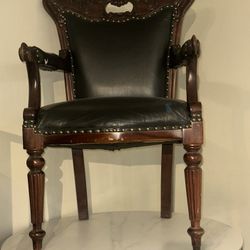 Antique Leather Wood Armchair