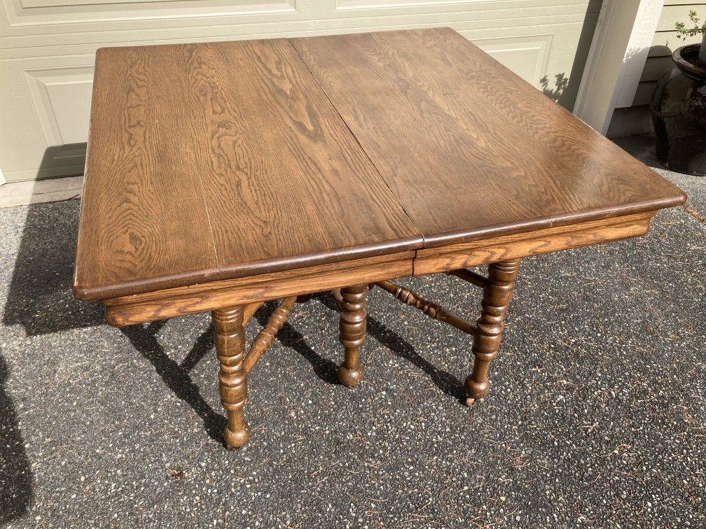 Antique Solid Wood Dining Table With 4 Leaves For Expansion, on Rolling Casters