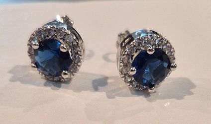 Aleeza Paris Round Blue Sapphire Halo Stud Earrings – 14k White Gold Plated 925 Silver