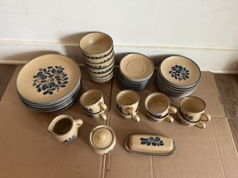 40 y/o!!! Folk Art Pfaltzgraff Vintage Stoneware Dish Set – Handcrafted Blue Floral Design-48pcs set