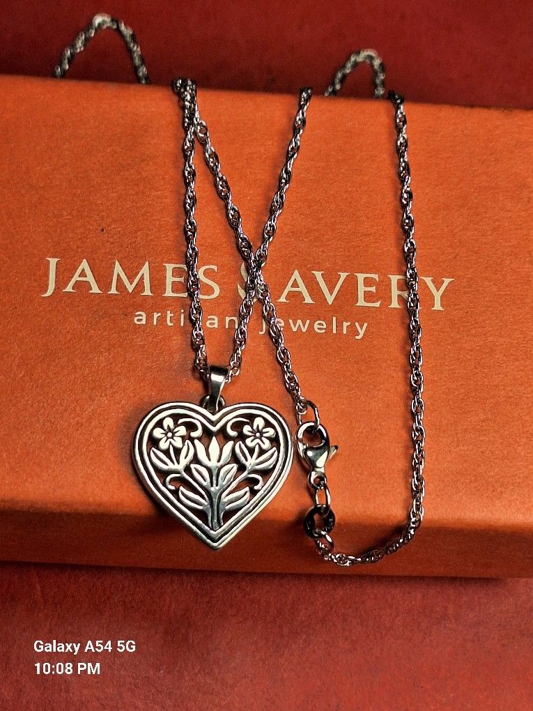 RETIRED James Avery Light Rope Chain W/ 3/4" Tulip Floral Heart Pendant Necklace , 18"