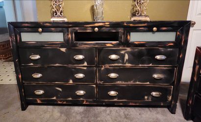 Large Black 9-Drawer Dresser, Distressed