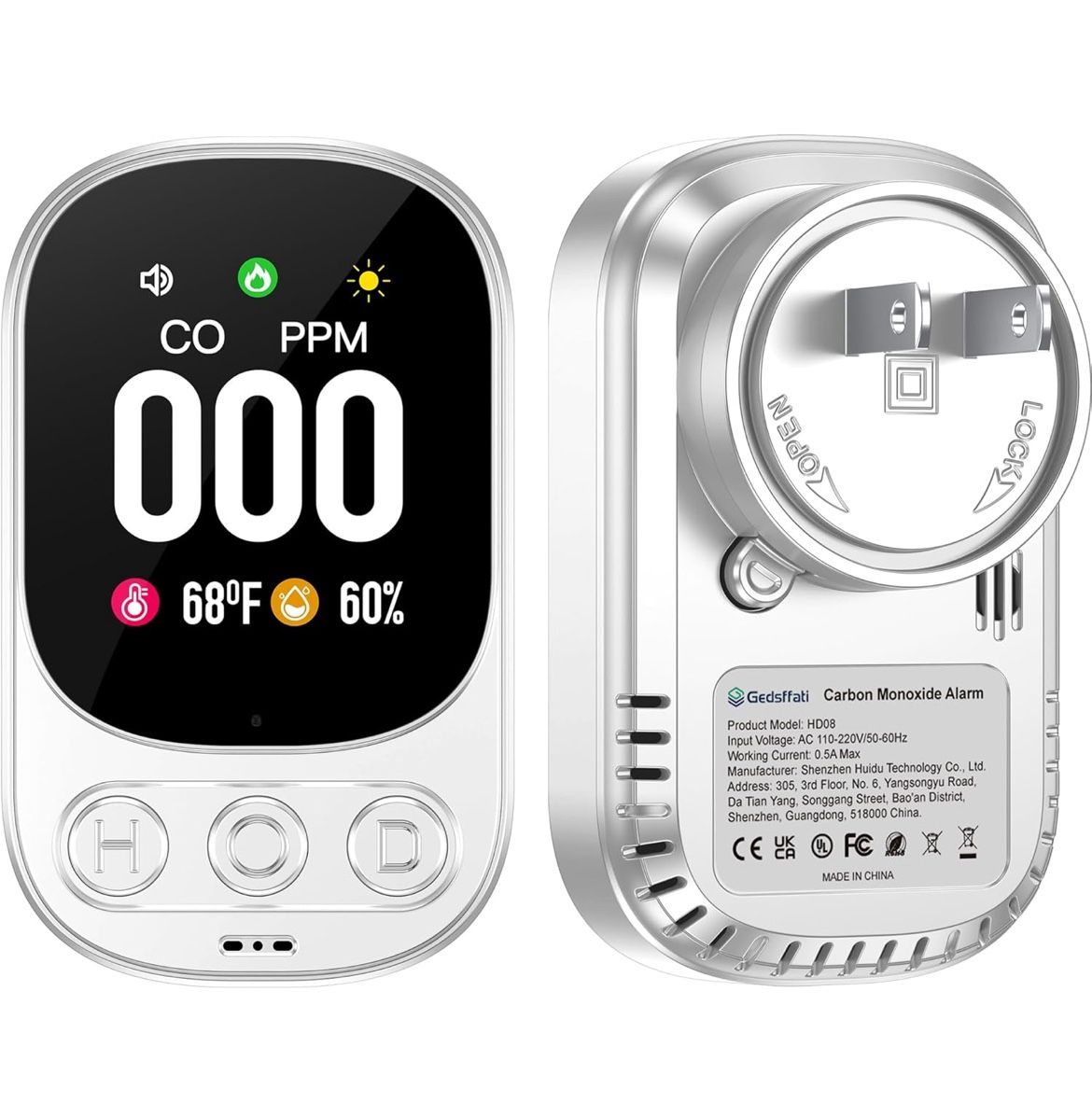 Plug in Carbon Monoxide Detector 3in1 CO Temperature Humidity Monitor with 2.1'' HD Screen & Indicator