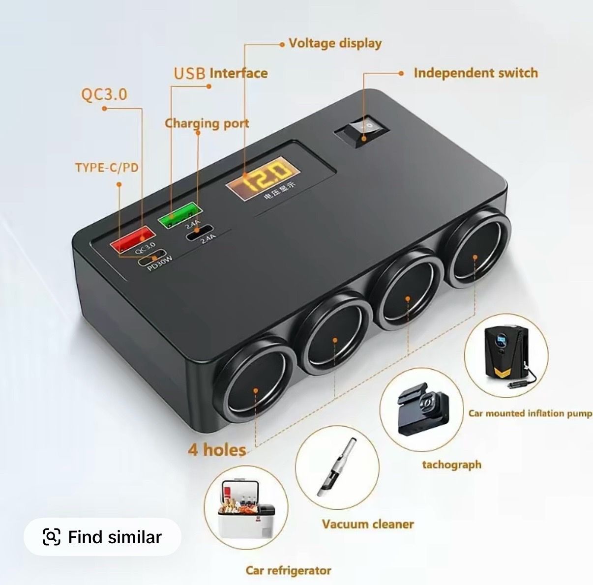 120W 4-Cigarette Lighter Adapter with PD/QC 3.0