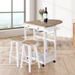 Kinbor Rolling Kitchen Island Cart, Wood Drop Leaf Table w/ 2 Stools, 3-Piece Dining Table Set, Breakfast Cart Kitchen Table Set Rdts003