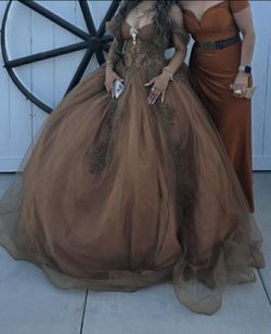 Sweet 16 Brown Tulle Ball Gown with Gold Beading