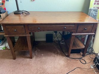 Wood Writing Desk with Drawers and Shelves