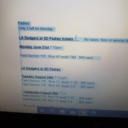 2 Field Level Seats For tonight's sold Out La Dodgers at Padrss Game