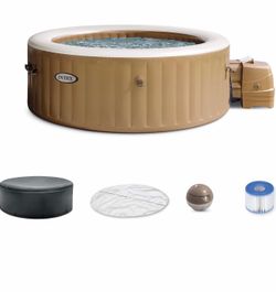 INTEX PureSpa 4 Person Inflatable Hot Tub with Energy-Efficient Spa Cover 28425EP Bubble Massage: Built-in Hard Water Treatment with 120 Jets - Sahara