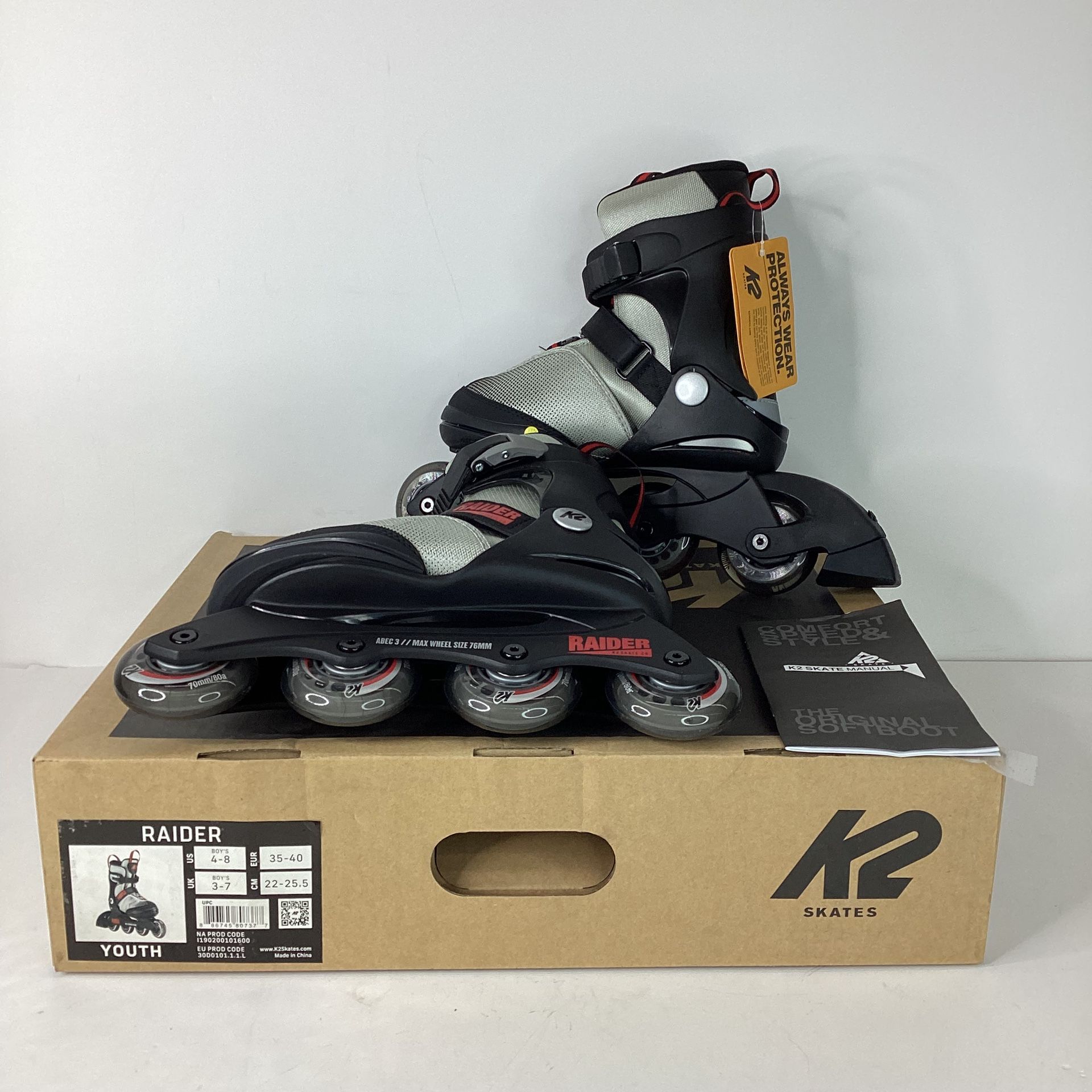 K2 Skates, Raider - Grey/Red - Size: Boys 4-8 - BRAND NEW