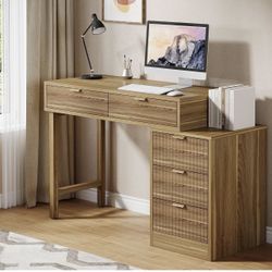 RY0242 Computer Desk with 5 Drawers, Reversible Small Writing Desk with Storage, Vintage Wooden Study Table Workstation for Home Office, Small Spaces,