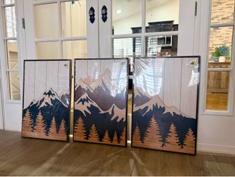 Set of 3 Wood Framed, Stunningly Beautiful, Mountain Textured Wall Art for Living Room