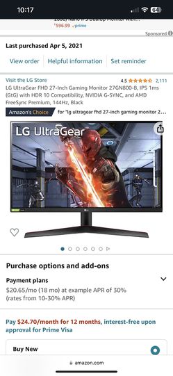 LG UltraGear FHD 27-Inch Gaming Monitor 27GN800-B, IPS 1ms (GtG) with HDR  10 Compatibility, NVIDIA G-SYNC, and AMD FreeSync Premium, 144Hz, Black