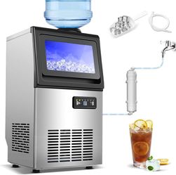 Commercial Ice Maker, 110 lbs/24H, 2 Water Inlet, 22 lbs Storage Under Counter Ice Maker, 40 Cubes in 12 Mins, Auto Self-Cleaning, Freestanding Ice Ma