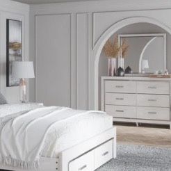 Altyra White LED Bookcase Upholstered Footboard Storage Platform Bedroom Set