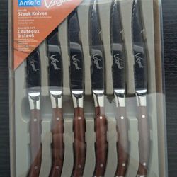 "Amefa" Virgule 6pc Steak Knife Set, Silver Hight Quality Stainless Steel Blades, New 