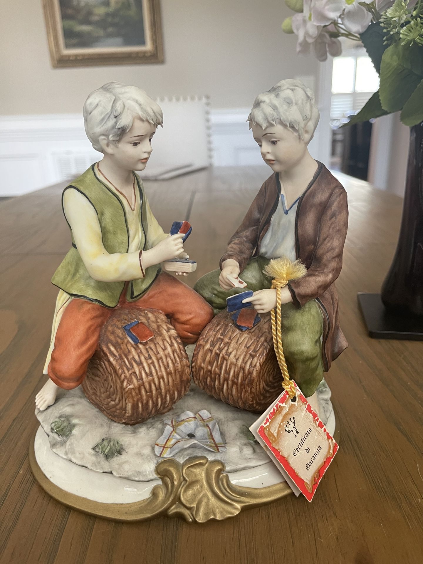 Gianni Merlo-ARROTINO CERAMIC CAPODIMONTE -2 BOYS PLAYING CARDS-Figurine-sculpture