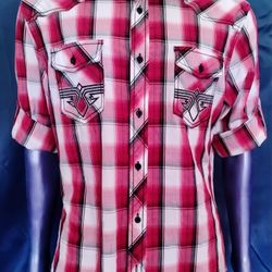 Helix Western Shirt Men’s Large Red White Black Plaid Snap Front Athletic Fit READ

