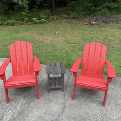 Two Poly Adirondack Chairs With Small Table