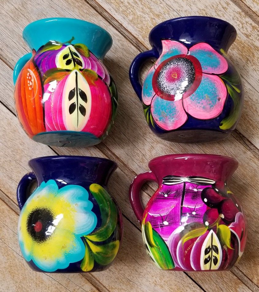 4 Beautiful Unique Unused Hand Painted Floral Mexican Mugs

