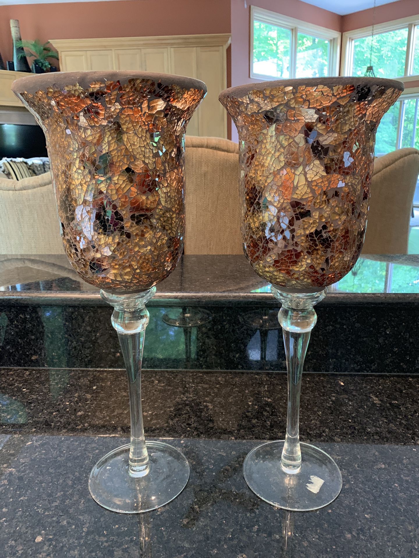 Table decor set of 2 matching modern gold copper glass candle holders
