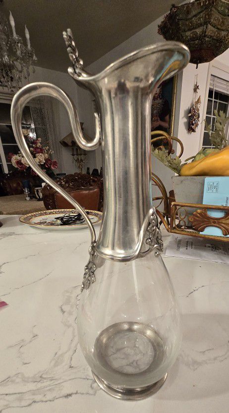 French Style PEWTER & GLASS DECANTER w/ Grape Adornments / Hinged Lid ~ Teardrop Shaped Wine/Water Carafe Jug ~ Rare Vintage Collectible

