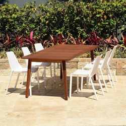 Brand New 7 Piece Rectangular Table With Stackable White Chairs Patio Dining Set | Ideal Furniture Set For Outdoor
