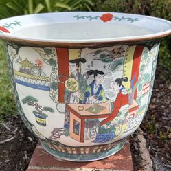 Vintage Planter Pot Draining Porcelain Hand Painted Collectible Asian Plants Jardine  