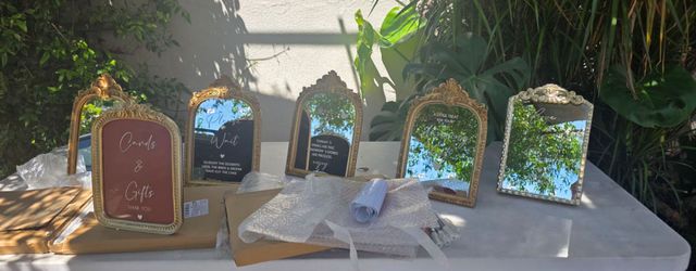 ✨6 mirror signs- Vintage Gold Wedding Mirror Signs – Elegant Event Décor