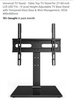 Universal TV Stand - Table Top TV Stand for 27-60 inch LCD LED TVs - 9 Level Height Adjustable TV Base Stand with Tempered Glass Base & Wire Managemen