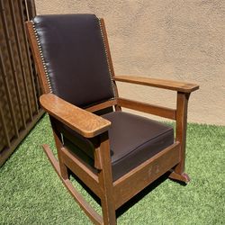 Vintage Antique Wood Leather Rocking Chair