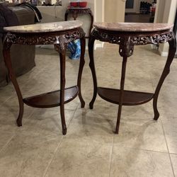 Two Antique Half Marble End Tables