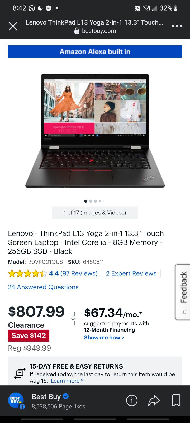 LENOVO ThinkPad L13 2-in-1 13.3" Touch Sceeen Laptop- Intel Core i5 8GB Memory 256 SSD-Black