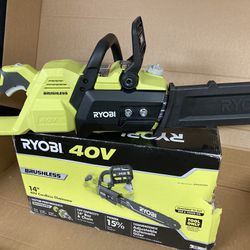 Ryobi RY40503 40V Brushless 14" Brushless Cordless Chainsaw tool only Open Box. Brand new, never used. The grease on the battery terminal is from the 