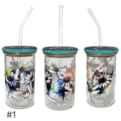 Dragonfly Floral Clear Glass Tumbler Cup 16 oz UV DTF Design Glass Straw