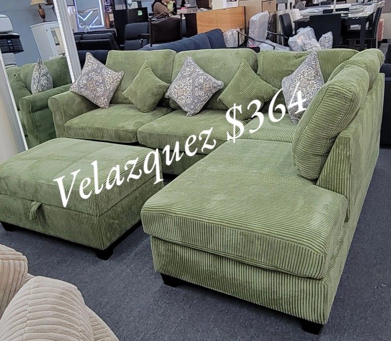 ✅️✅️3 pc sage green corduroy fabric sectional sofa with reversible storage chaise and storage ottoman and USB✅️
