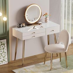 KDCAS Vanity Desk with Mirror and Lights| 39" Beige Modern Makeup Vanity Set with Drawers &