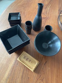 Black Ceramic Sake Set with Bowls and Dishes