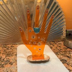 Rare  Lucite  Hand  Ring  Holder,  Vintage  Orange  Hippie  Mod 1970 /1980  Boudoir Ring Display