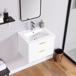 24" White Wall-Mounted Floating Bathroom Vanity With  Ceramic Sink (FAUCET NOT INCLUDED) [NEW IN BOX] **Retails for $400+  <Assembly Required>