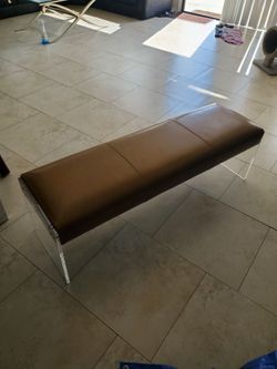 Tan leather lucite bench some scratches ( lighter color is actual color)
