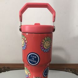 Life is Good Pink Tumbler with Smiley Flowers 🌼  