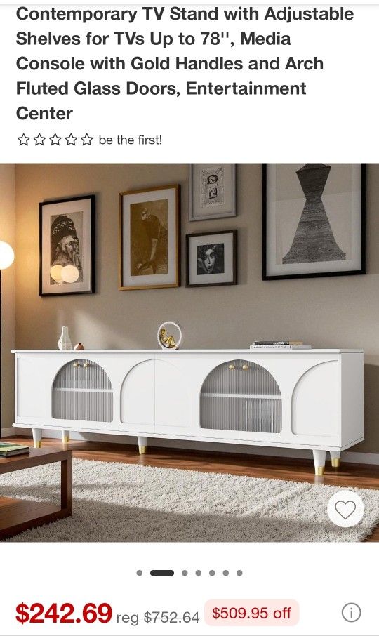 Contemporary TV Stand with Adjustable Shelves, Console with Gold Handles and Arch Fluted Glass