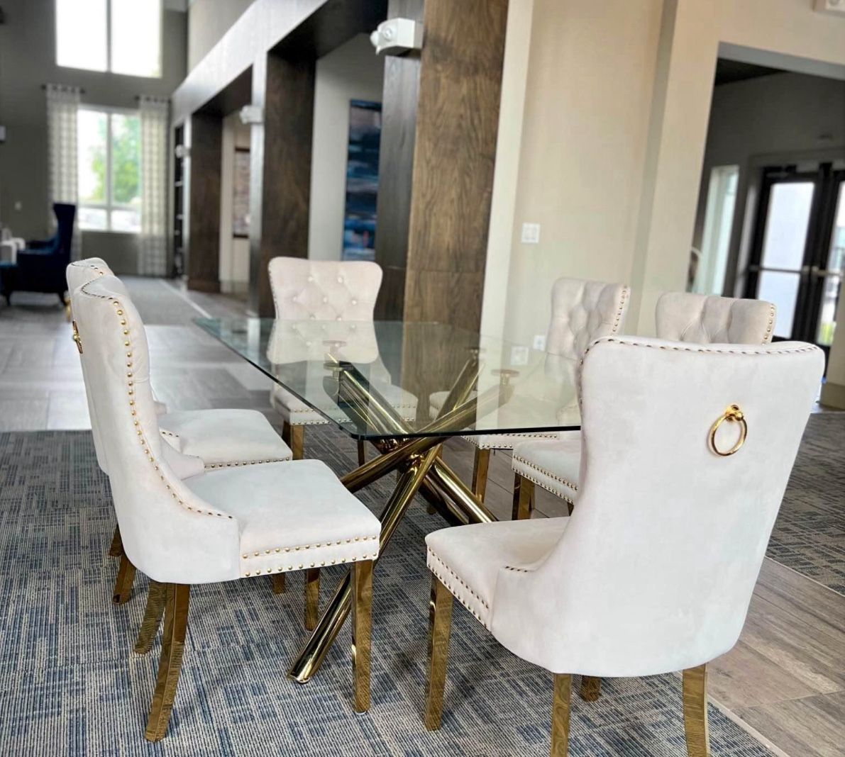 Glass Dining Table white Modern Chairs With A Pop Of Gold Dining Set