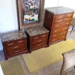 Quality Marble And Wood Bedroom Set, Dresser And 2 Night Stands