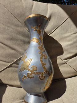 Vintage Pewter vase with brass inlay of birds and cherry blossoms.